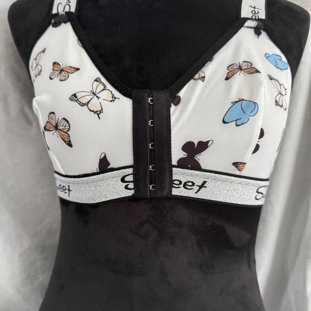 Women's Sweet Butterfly Print Front Hook Bralette‎ Bra White Sparkle Medium Y2K